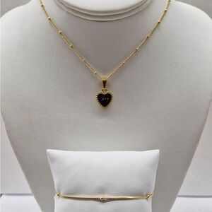 Gold and Black Heart Pendant Necklace and Bracelet Set